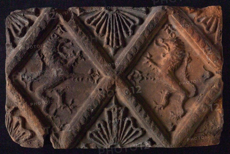 Hearthstone, 'Antwerp', without frame, with two lions, natural stone fireplace component ceramic brick, fried Hearth stone