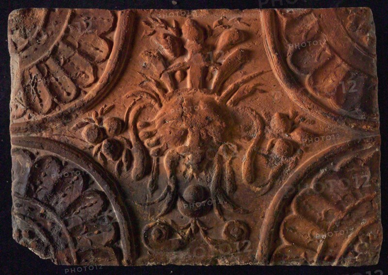 Hearthstone, from Antwerp Belgium, without frame, with mascaron, fireplace stone part ceramic brick, baked Hearth stone