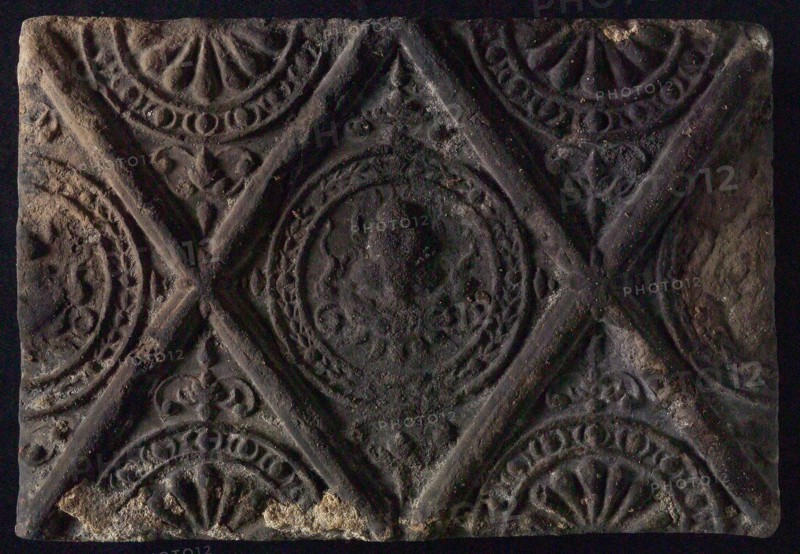Hearthstone, from Antwerp Belgium, without frame, with male head, fireplace stone part ceramic brick, baked Hearth stone