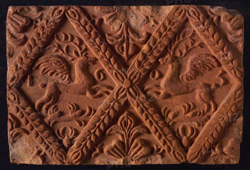 Hearthstone, from Antwerp Belgium, without frame, with winged deer in glass, fireplace stone part ceramics brick, baked Hearth