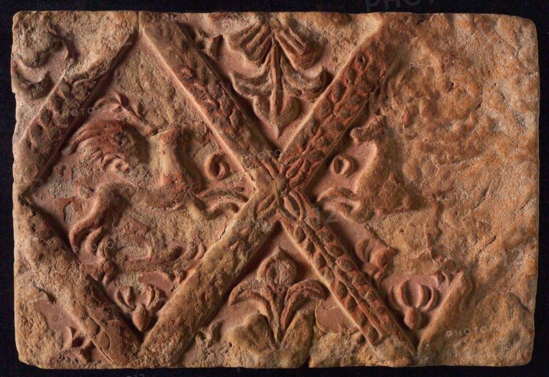 Hearthstone, from Antwerp Belgium, without frame, with winged deer in glass, fireplace stone part ceramic brick, baked Hearth