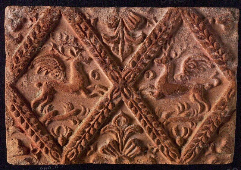 Hearthstone, from Antwerp Belgium, without frame, with winged deer in glass, fireplace stone part ceramic brick, baked Hearth