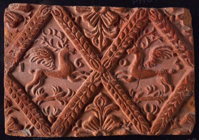 Hearthstone, from Antwerp Belgium, without frame, with winged deer in glass, fireplace stone part ceramic brick, baked