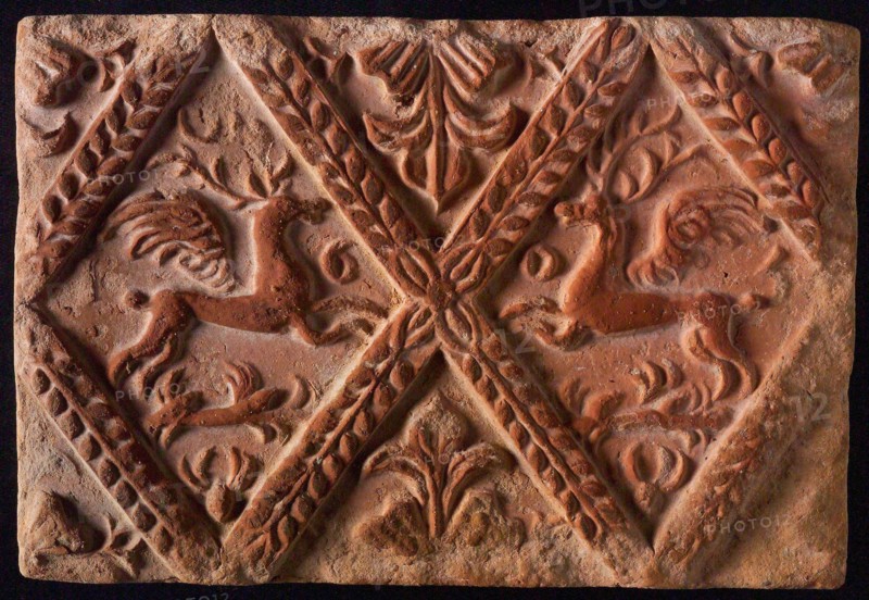 Hearthstone, from Antwerp Belgium, without frame, with winged deer in the window, fireplace stone part ceramic brick, baked