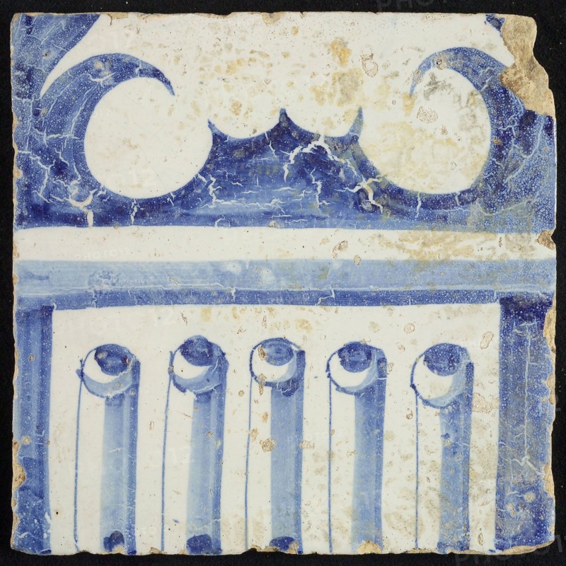 Tile of chimney pilaster, blue on white, part of column with cannelure and capital, chimney pilaster tile pilaster footage