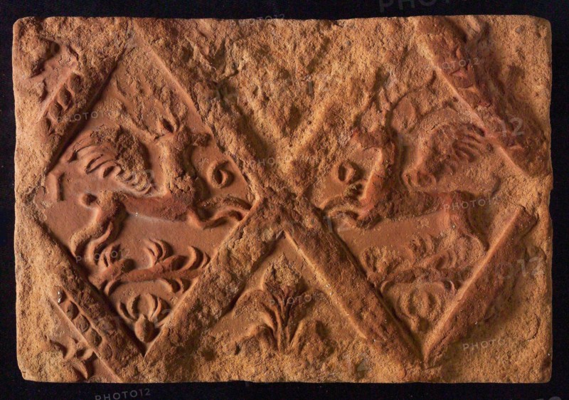 Hearthstone, from Antwerp Belgium, without frame, with winged deer in glass, hearth fireplace part ceramic brick, baked Hearth