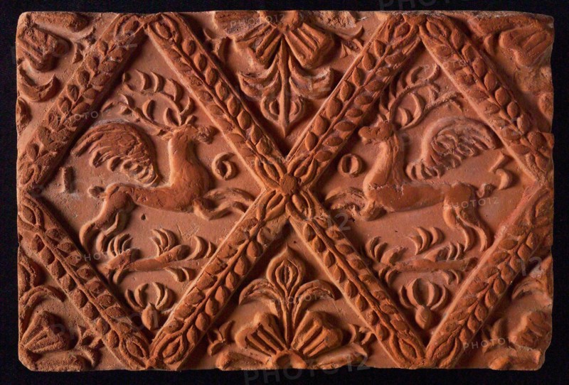 Hearthstone, from Antwerp Belgium, without frame, with winged deer in glass, hearth fireplace part ceramic brick, baked Hearth