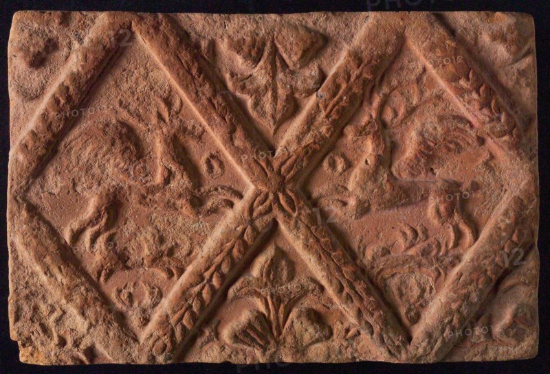 Hearthstone, from Antwerp Belgium, without frame, with winged deer in glass, hearth fireplace component ceramics brick, fired