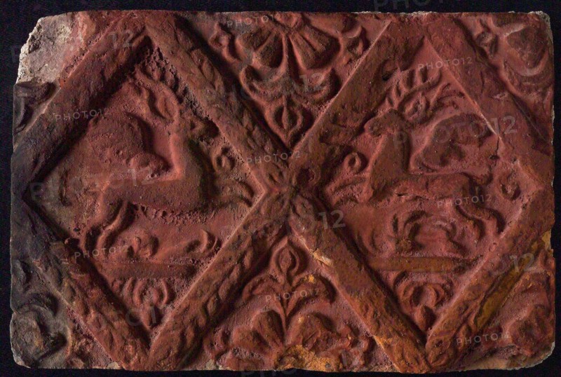 Hearthstone, from Antwerp Belgium, without frame, with winged deer in glass, fireplace stone part ceramic bricks, baked Hearth