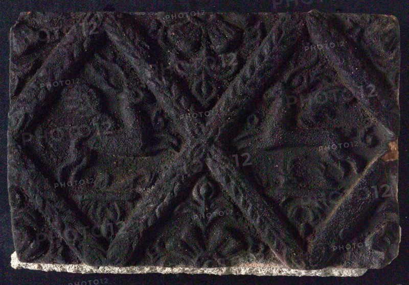 Hearthstone, from Antwerp Belgium, without frame, with winged deer in glass, fireplace stone part ceramics brick, baked Hearth
