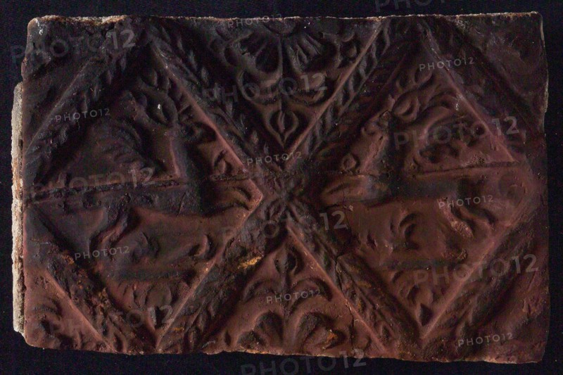Hearthstone, from Antwerp Belgium, without frame, with winged deer in glass, hearth fireplace component ceramics brick, fired