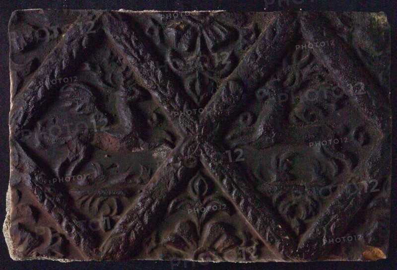 Hearthstone, from Antwerp Belgium, without frame, with winged deer in glass, hearth fireplace part ceramic brick, fired Hearth