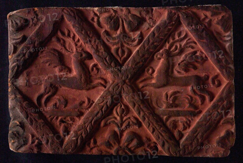 Hearthstone, from Antwerp Belgium, without frame, with winged deer in glass, fire stone fireplace component ceramics brick