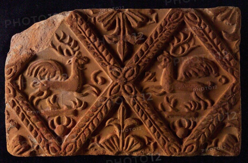 Hearthstone, from Antwerp Belgium, without frame, with winged deer in glass, hearth fireplace component ceramics brick, baked