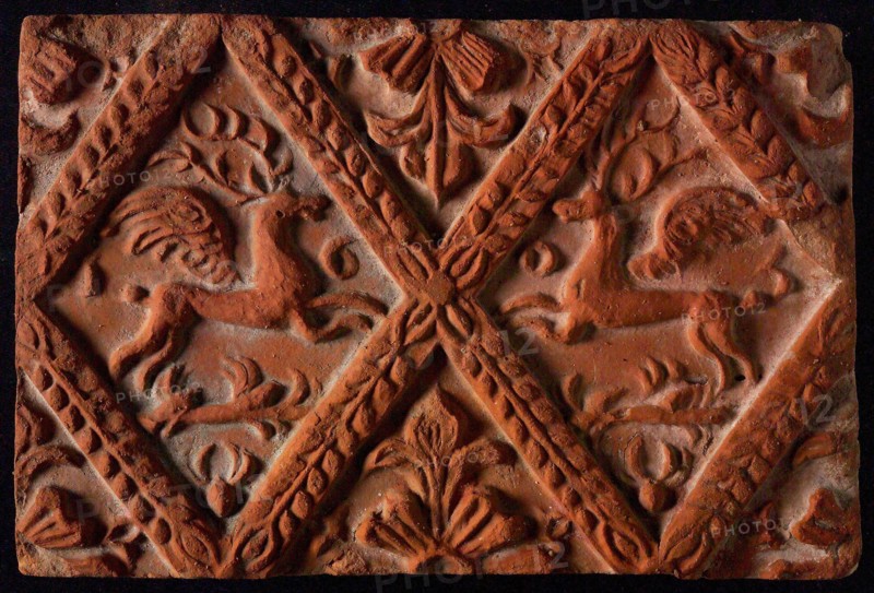 Hearthstone, from Antwerp Belgium, without frame, with winged deer in glass, hearth fireplace part ceramic brick, baked Hearth