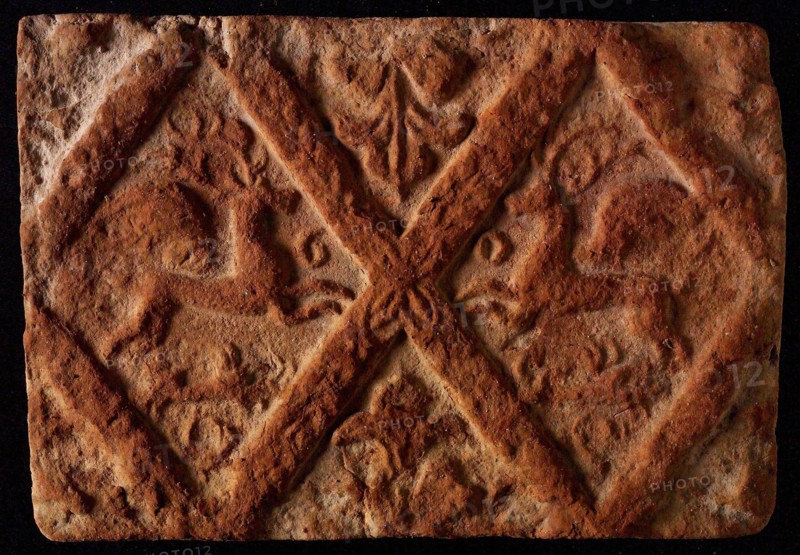 Hearthstone, from Antwerp Belgium, without frame, with winged deer in glass, hearth fireplace component ceramics brick, fired