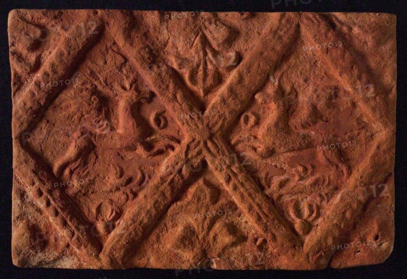 Hearthstone, from Antwerp Belgium, without frame, with winged deer in glass, hearth fireplace component ceramics brick, baked