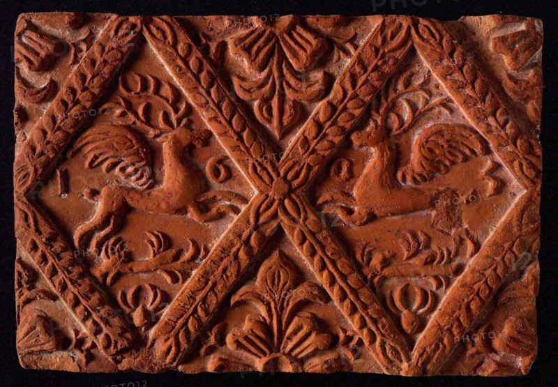 Hearthstone, from Antwerp Belgium, without frame, with winged deer in glass, fire stone fireplace component ceramics brick
