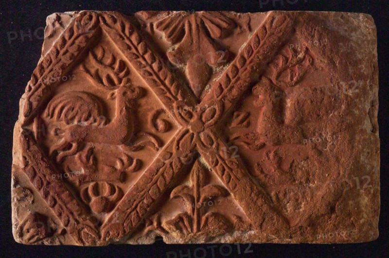 Hearthstone, from Antwerp Belgium, without frame, with winged deer in glass, fire stone fireplace component ceramics brick