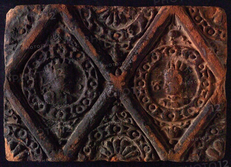 Hearthstone, from Antwerp Belgium, without frame, with male and female head, fireplace stone part ceramic brick, baked Hearth
