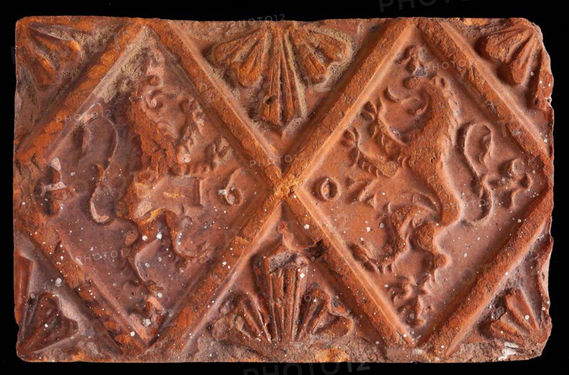 Hearthstone, from Antwerp Belgium, without frame, with lions in the window, fireplace hearth part ceramic bricks, fired Hearth