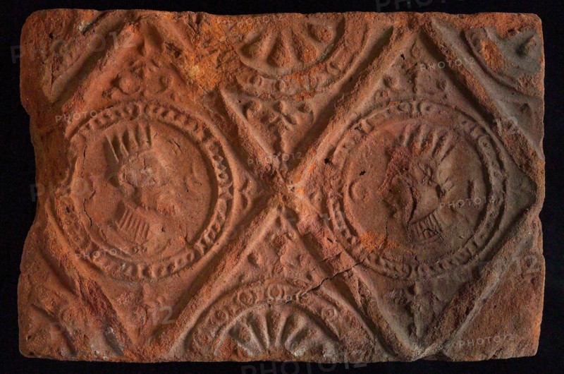 Hearthstone, from Antwerp Belgium, without frame, with crowned male and female head, hearth fireplace component ceramics brick