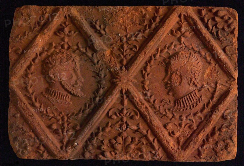 Hearthstone, from Antwerp Belgium, without frame, with male and female head, hearth fireplace part ceramic brick, baked Hearth