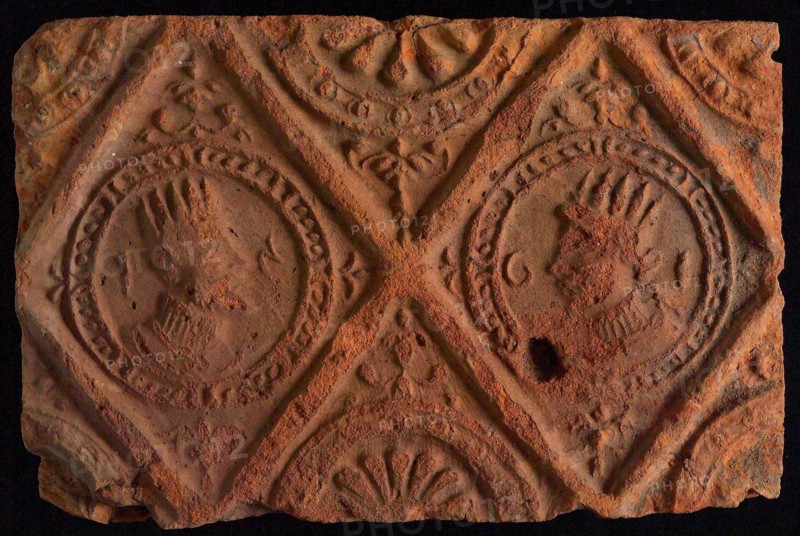 Hearthstone, from Antwerp Belgium, without frame, with crowned male and female head, hearth fireplace component ceramics brick