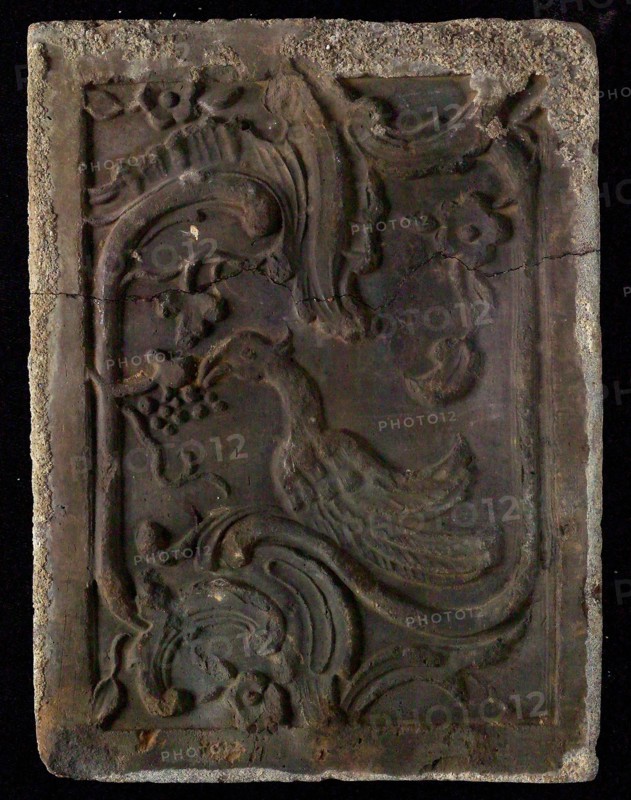 Hearthstone, Luiks, from Luik, Liege Belgium, with wide frame, with bird, flowers and grapes, hearth fireplace part ceramics