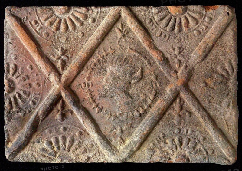 Hearthstone, from Antwerp Belgium, without frame, with crowned male head, hearth fireplace component ceramics brick, baked
