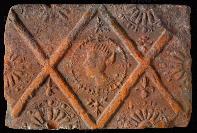 Hearthstone, from Antwerp Belgium, without frame, with crowned male head, hearth fireplace component ceramics brick, baked