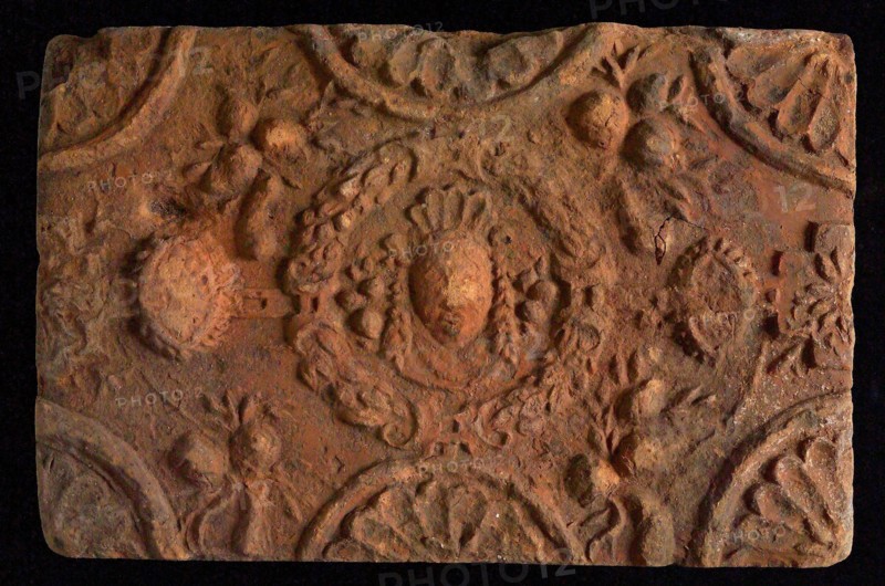 Hearthstone, from Antwerp Belgium, without frame, with mascaron, hearth fireplace component ceramics brick, baked Hearth stone