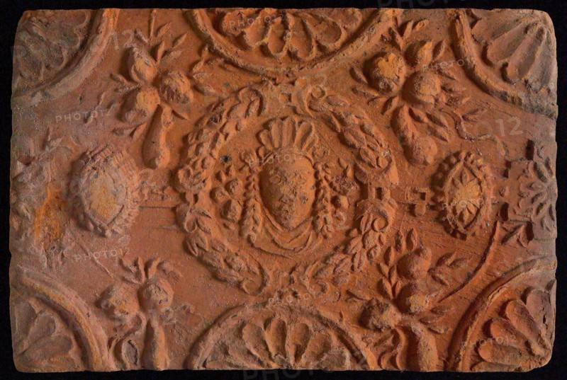 Hearthstone, from Antwerp Belgium, without frame, with mascaron, fireplace hearth part ceramic bricks, baked Hearth stone