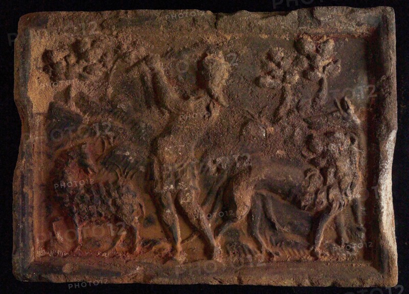 Hearthstone, from Antwerp Belgium, with narrow frame, with good shepherd, fireplace hearth part ceramics brick, fired Hearth