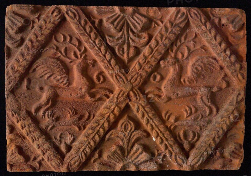 Hearthstone, from Antwerp Belgium, without frame, with winged deer in glass, fireplace stone part ceramic brick, baked Hearth
