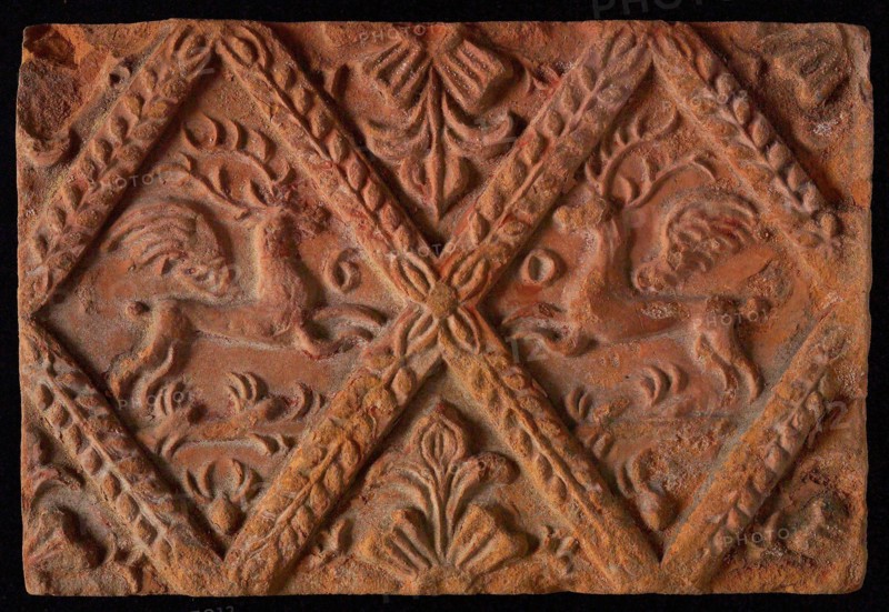 Hearthstone, from Antwerp Belgium, without frame, with winged deer in glass, hearth fireplace component ceramics brick, fired