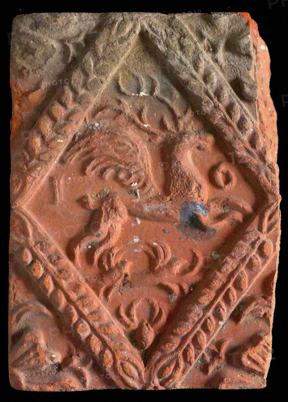 Hearthstone, from Antwerp Belgium, without frame, with winged deer in glass, hearth fireplace component ceramics brick, baked