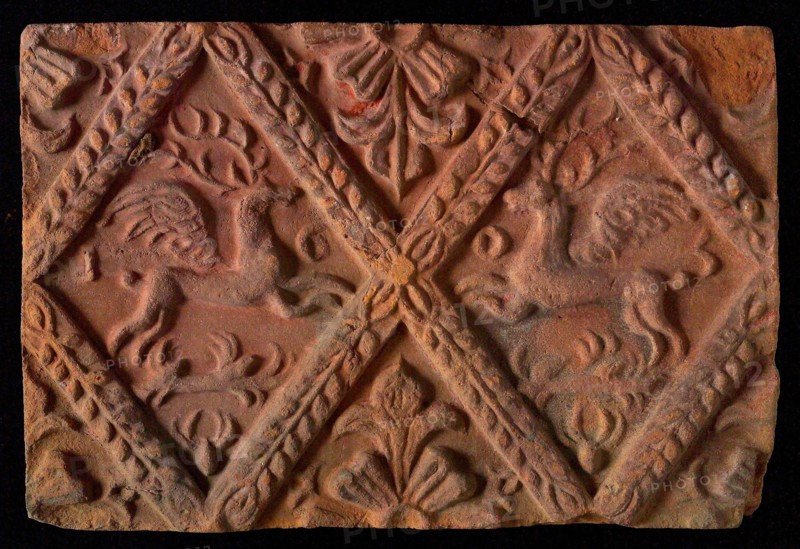Hearthstone, from Antwerp Belgium, without frame, with winged deer in glass, hearth fireplace part ceramic brick, fired Hearth