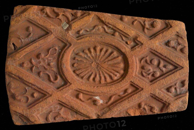 Hearthstone, from Antwerp Belgium, without frame, with rosette in window, hearth fireplace component ceramics brick, fired