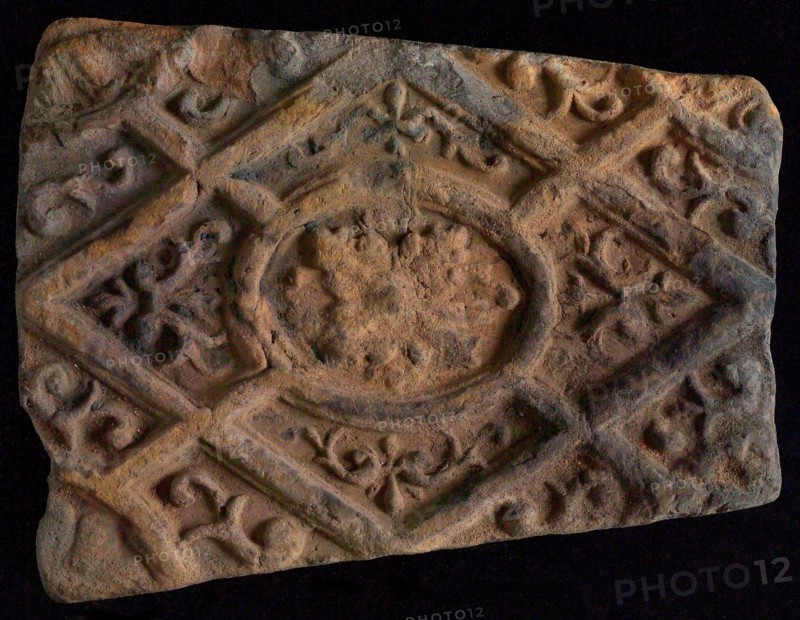 Hearthstone, from Antwerp Belgium, without frame, with rosette in window, hearth fireplace component ceramics brick, fried