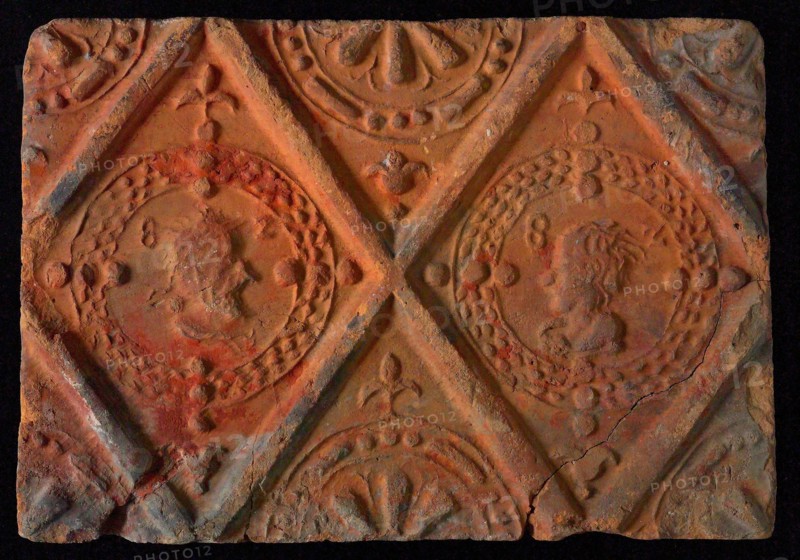 Hearthstone, from Antwerp Belgium, without frame, with male and female head, hearth fireplace component ceramics brick, baked