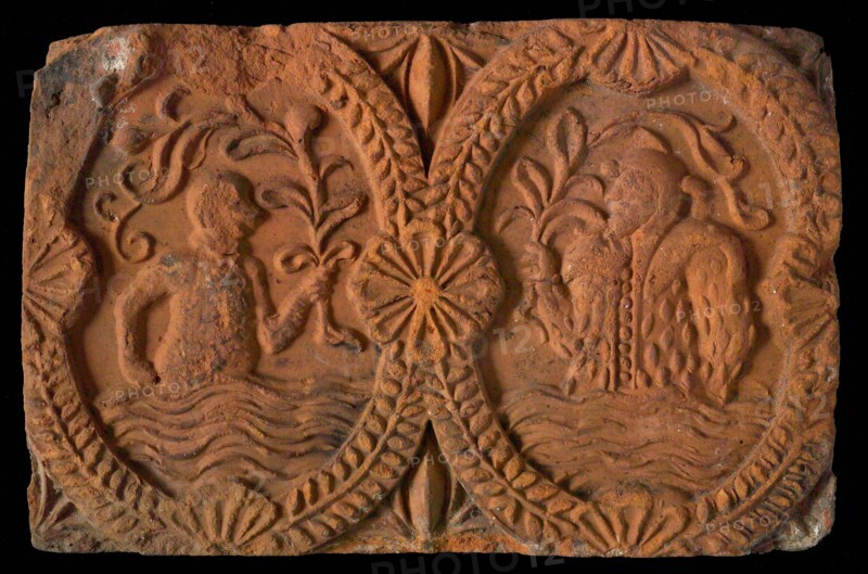Hearthstone, from Antwerp Belgium, without frame, with monkey and jester, hearth fireplace component ceramics brick, fired