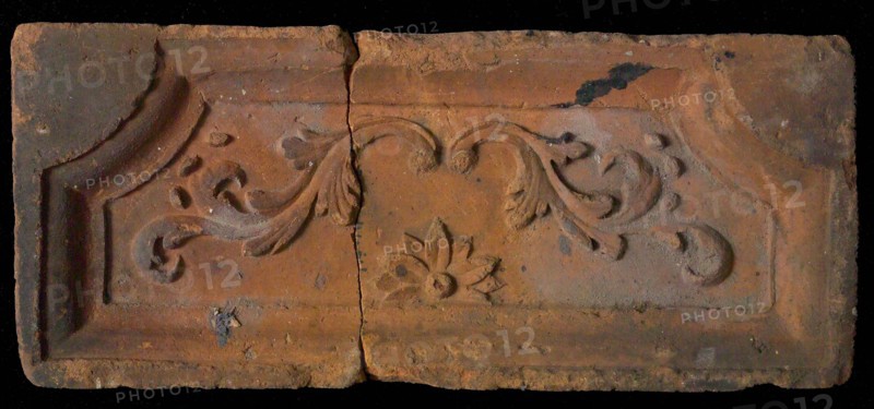 Hearthstone with acanthus leaves, hearth fireplace component ceramics brick, baked Hearth stone with wide frame with bulging