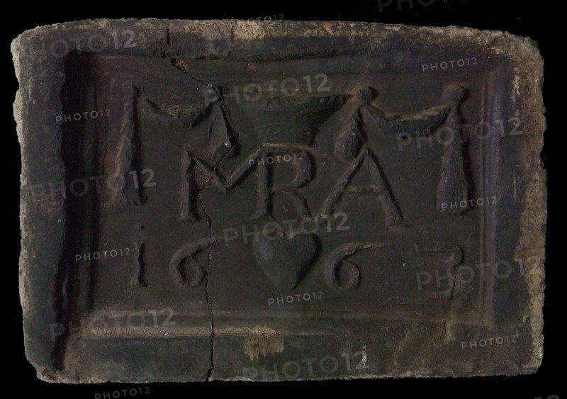 Hearthstone, Luiks, from Luik, Liege Belgium, with wide frame, with dish or mortar and MRA, hearth fireplace component ceramics