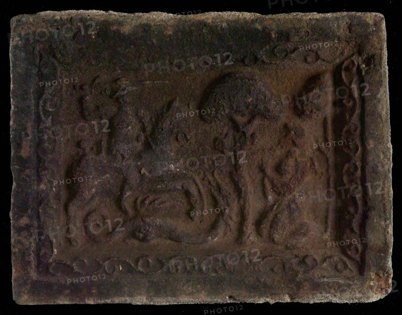 Hearthstone, Luiks, from Luik, Liege Belgium, with wide frame, with Saint George, hearth fireplace part ceramic brick, baked