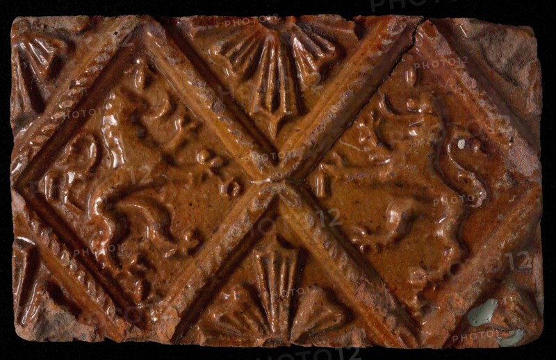 Hearthstone, from Antwerp Belgium, without frame, with two crowned lions, hearth fireplace component ceramics brick glaze, fired