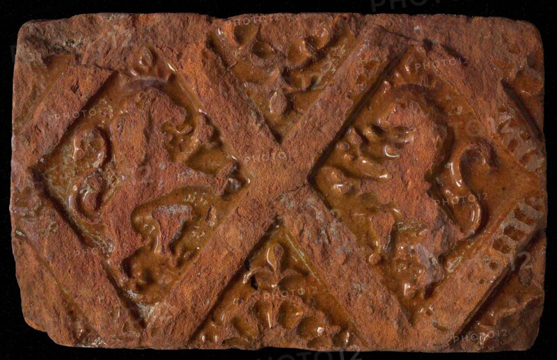 Hearthstone, from Antwerp Belgium, without frame, with lions in the window, fireplace stone part ceramic brick glaze, baked