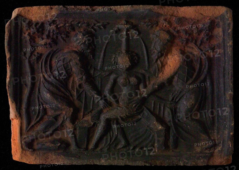 Hearthstone, from Antwerp Belgium, with narrow frame, with the history of Susanna, fireplace stone part ceramic brick enamel