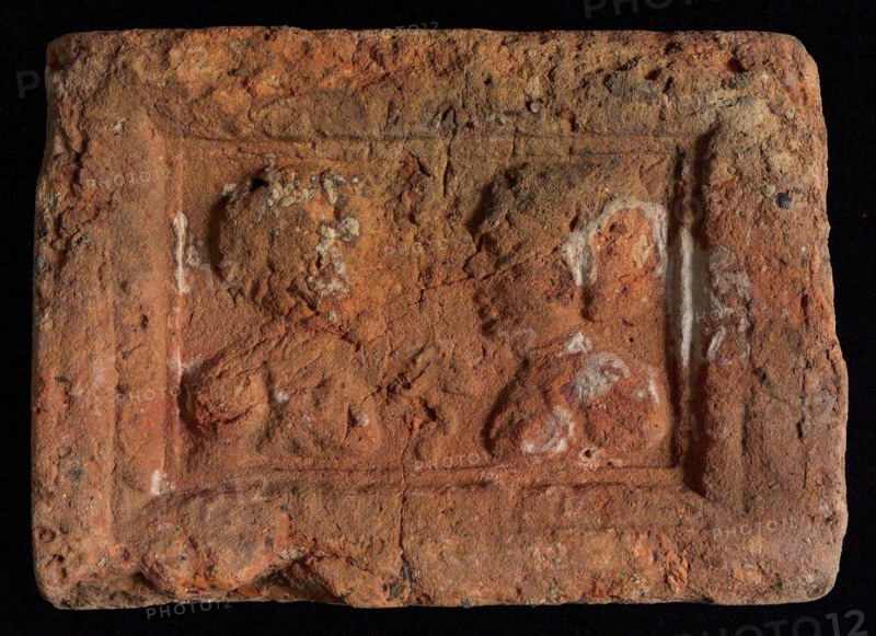 Hearthstone, Luiks, from Luik, Liege Belgium, with wide frame, with male and female head, hearth fireplace part ceramics brick