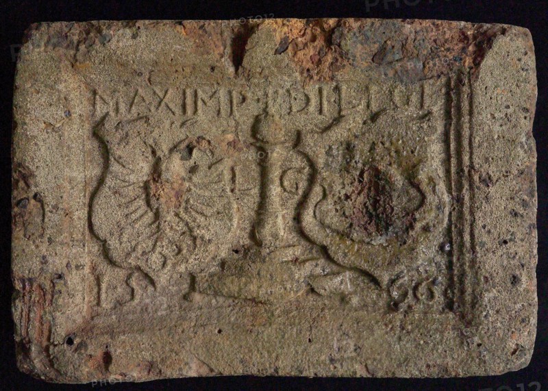 Hearthstone, Luiks, from Luik, Liege Belgium, with wide frame, with perroen and weapons, hearth fireplace component ceramics